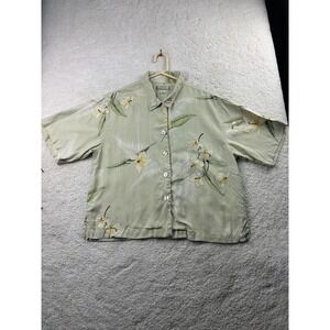 Tommy Bahama Shirt Mens Medium Green Silk Floral Hawaiian Camp Button Up Casual‎